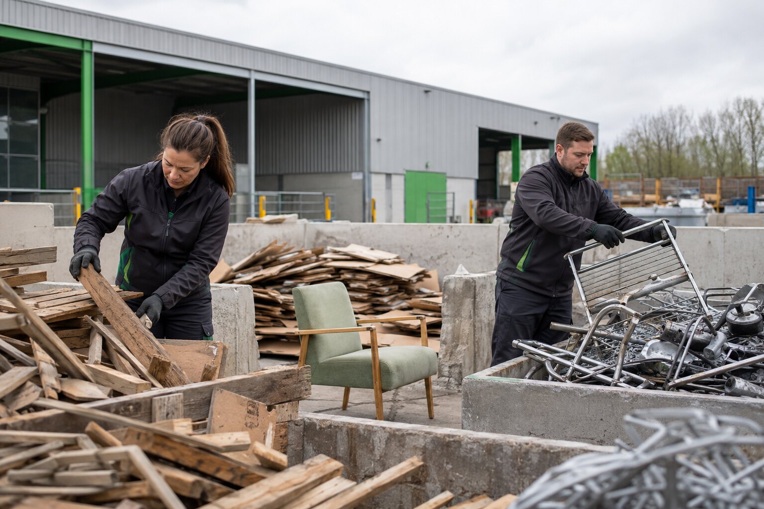 Workers separating wood, metal and reusable items for responsible processing.