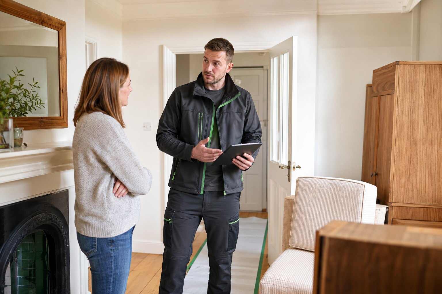 Clearance specialist assessing household items with a customer before collection.