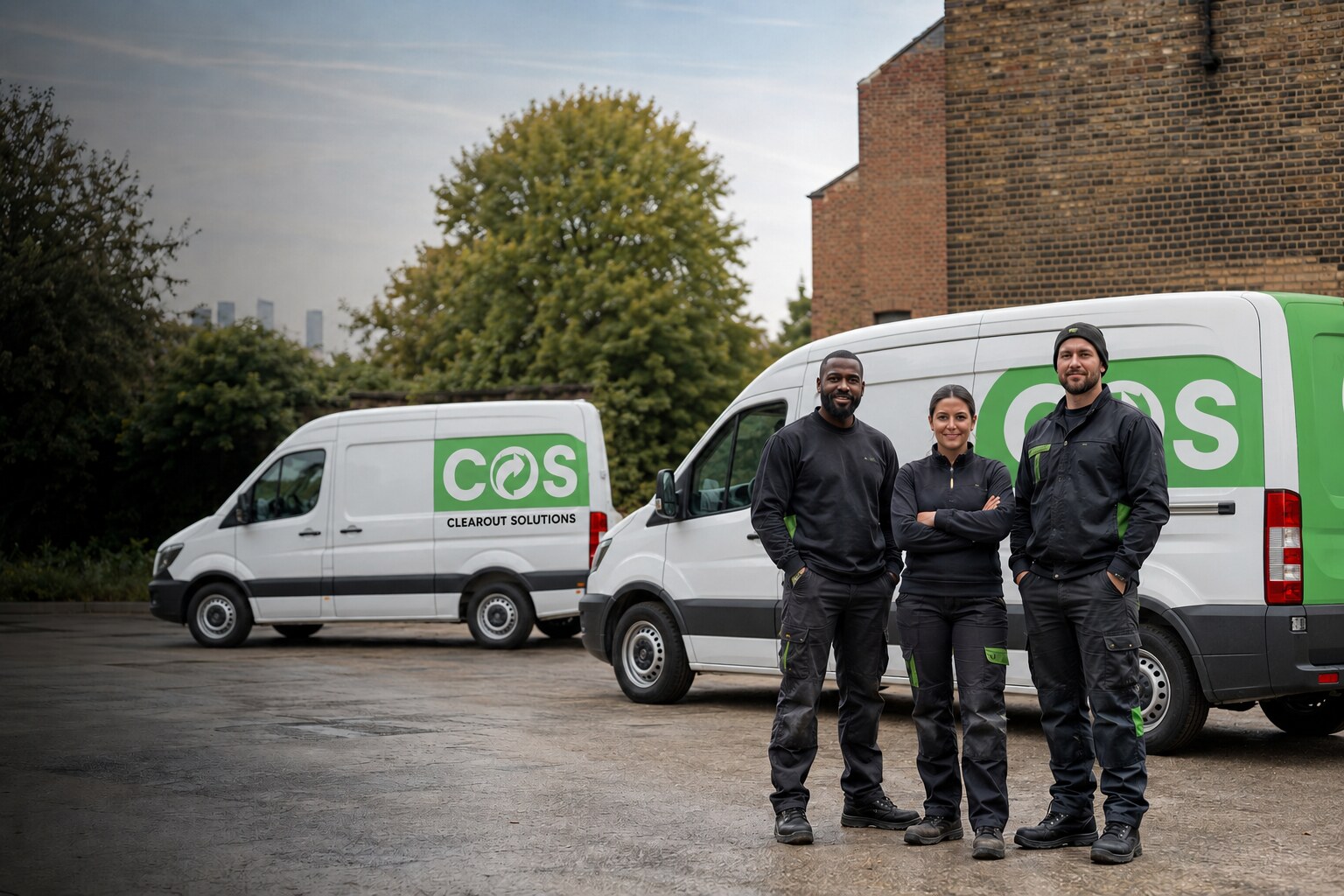Experienced ClearOut Solutions team standing beside two branded collection vans