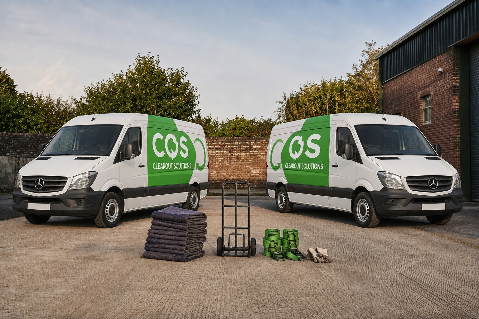 Two equipped ClearOut Solutions vans prepared for rubbish-removal collections.