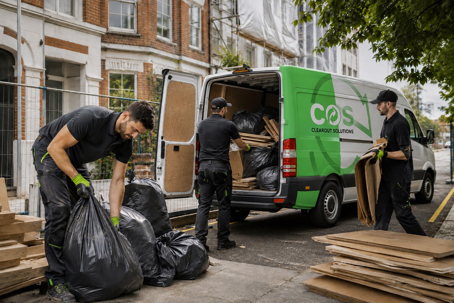 Builder's waste, timber and packaging collected from a refurbishment site.