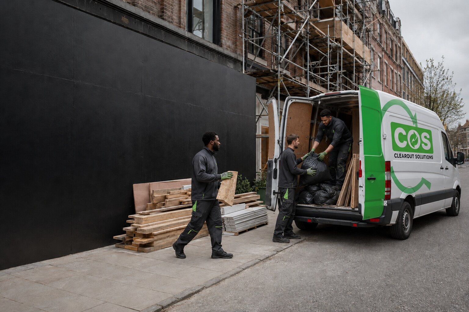 Commercial waste crew loading organised renovation debris at a London project.