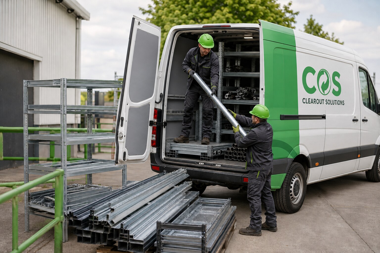 Workers separating and loading metal shelving and pipe sections for recycling