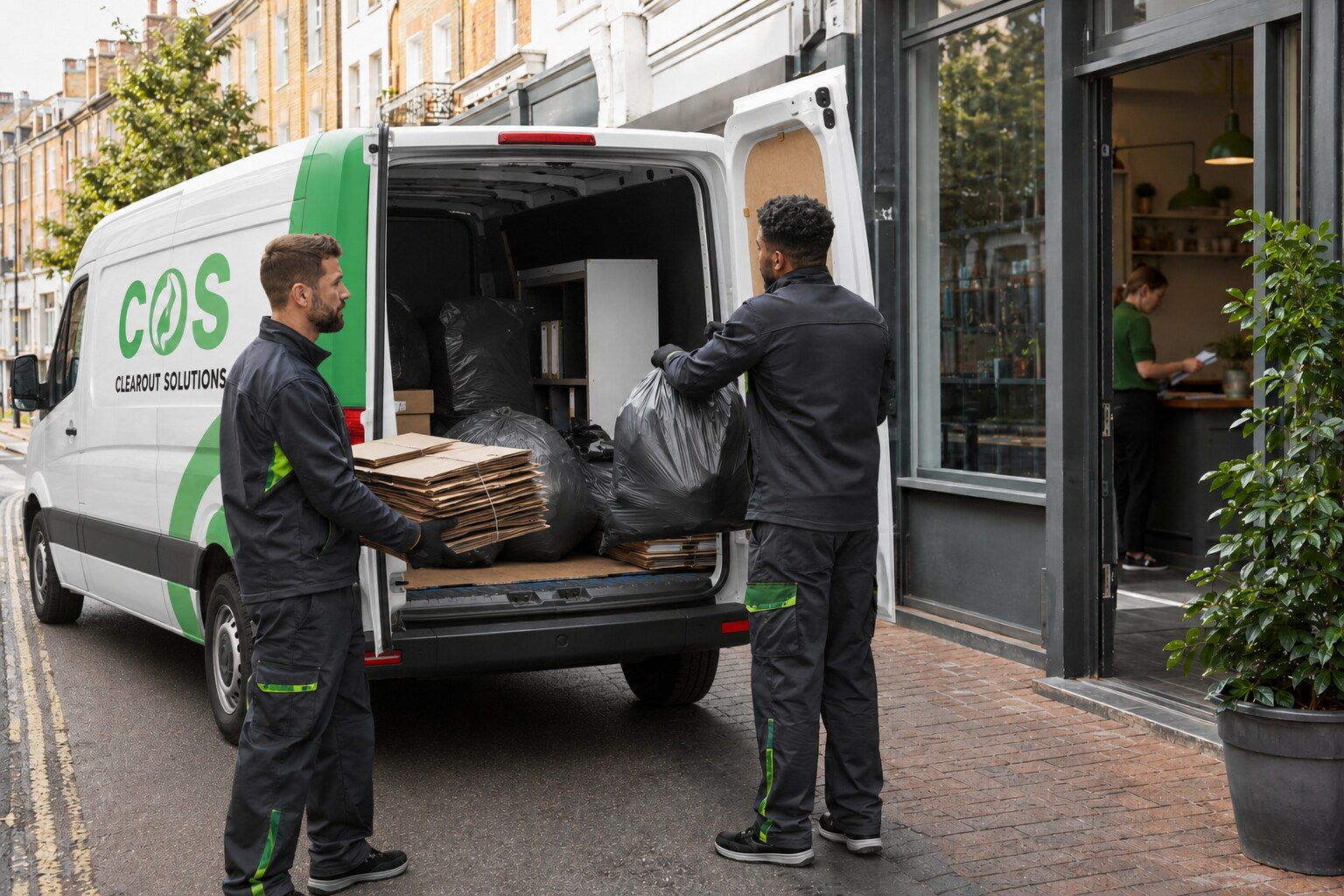 Scheduled trade-waste collection outside an operating London business.