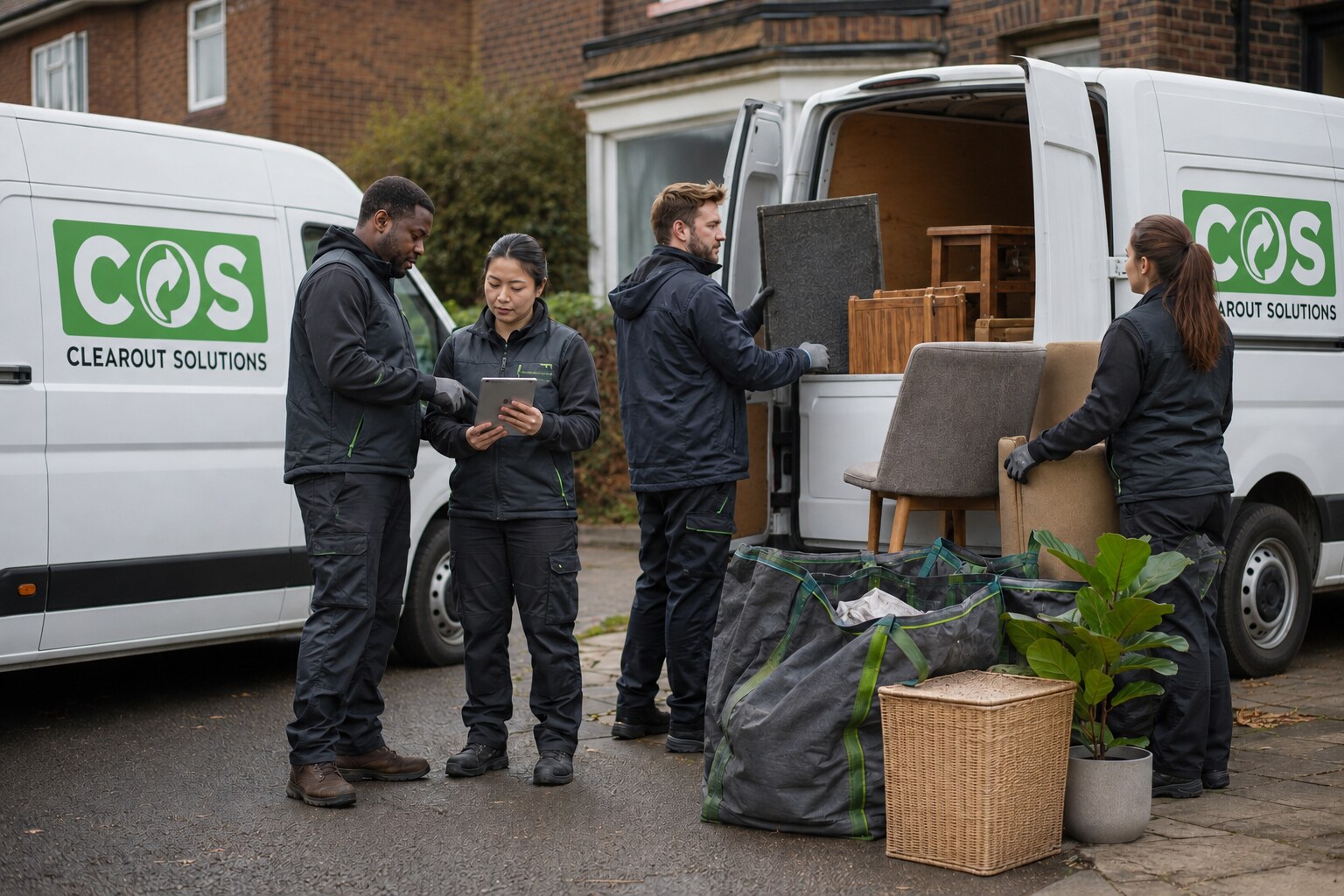Waste-removal team coordinating a residential clearance beside two branded collection vans