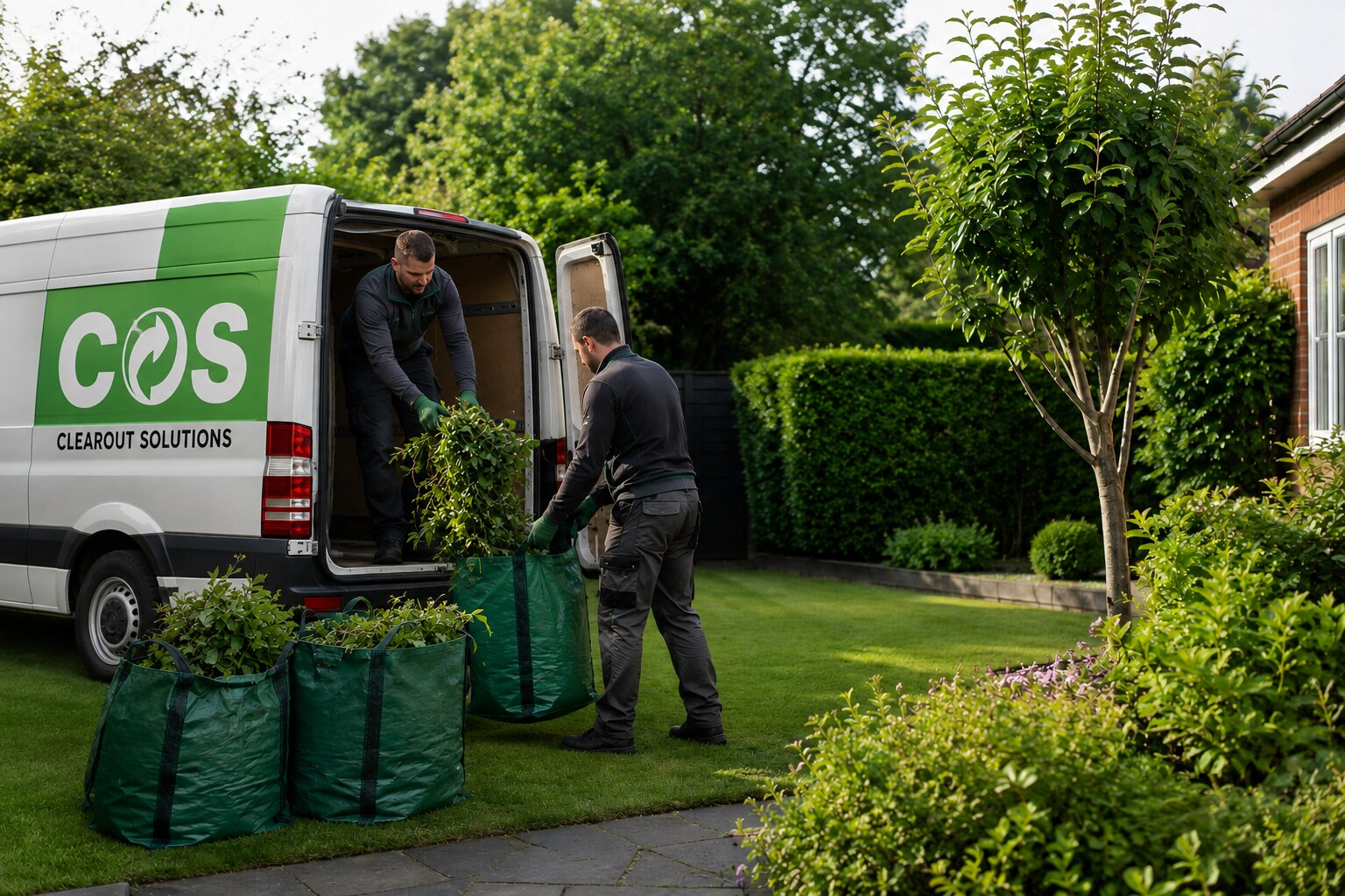 Workers collecting hedge cuttings and branches from a tidy garden.