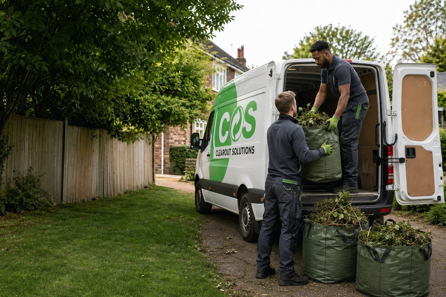 Garden-clearance crew loading branches and timber into a branded collection van