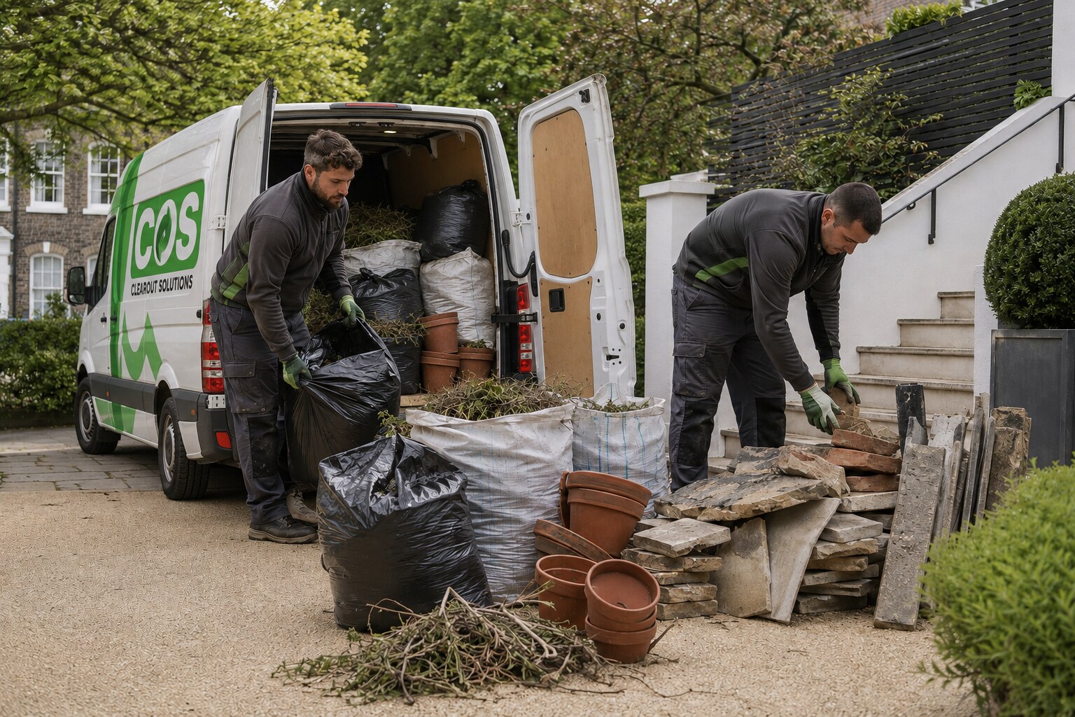 Sorted pots, paving offcuts and garden debris prepared for collection.