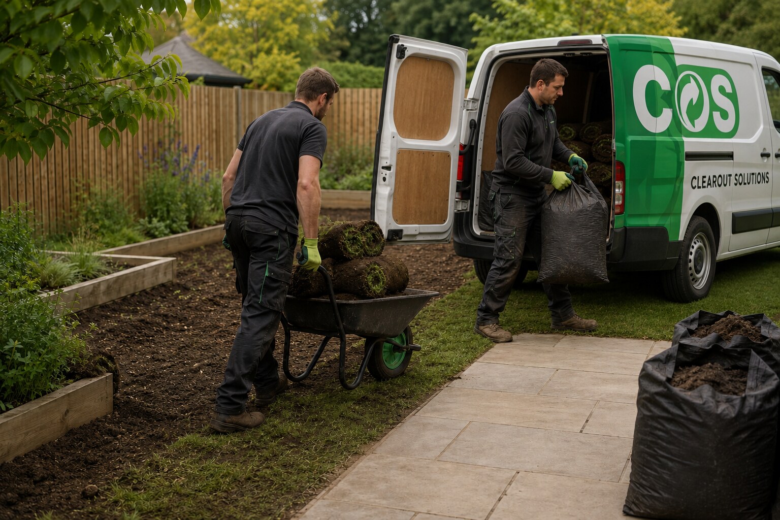 Crew removing rolled turf and bagged soil after a garden redesign.