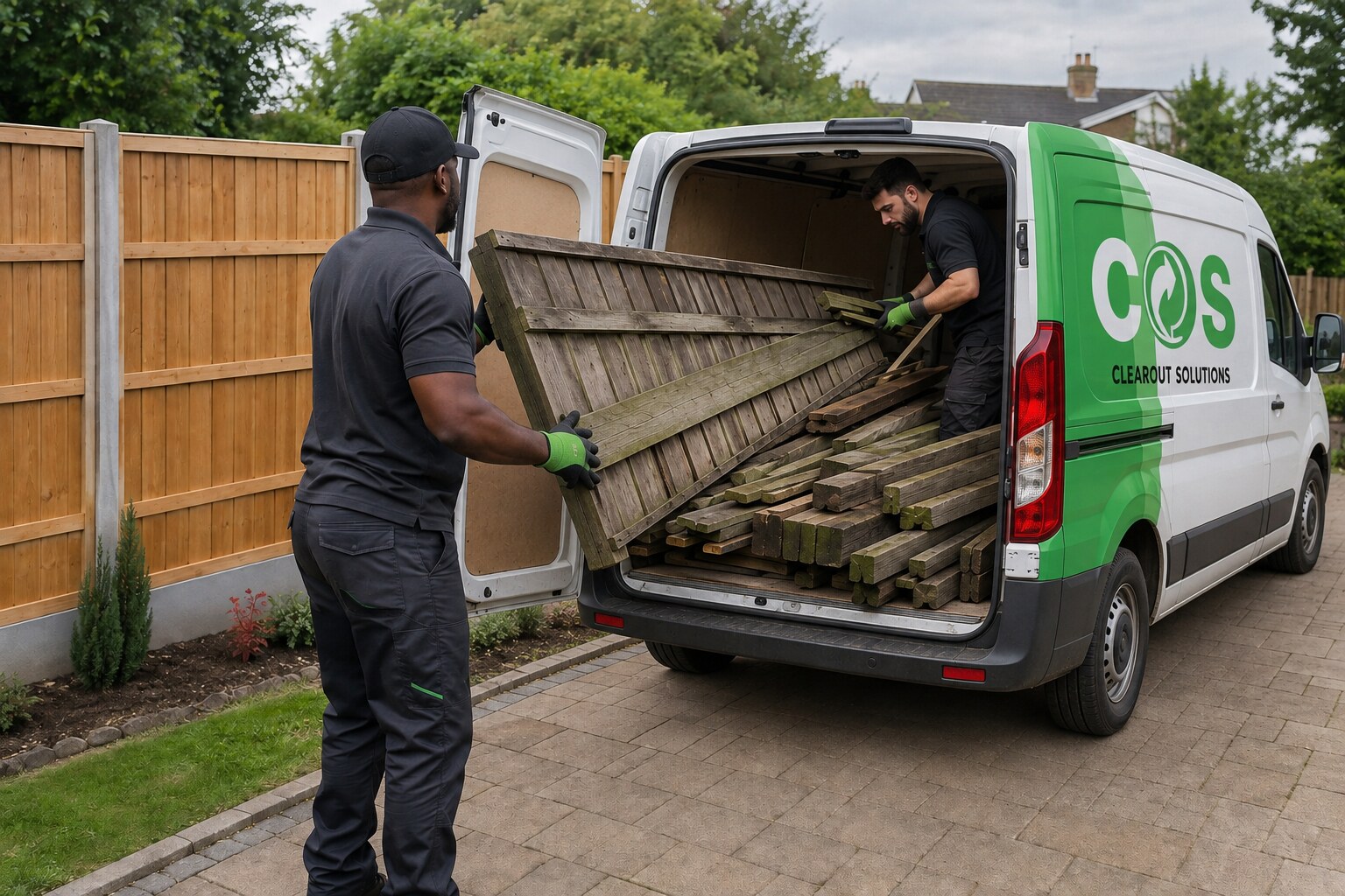 Old fence panels and timber loaded safely for removal.