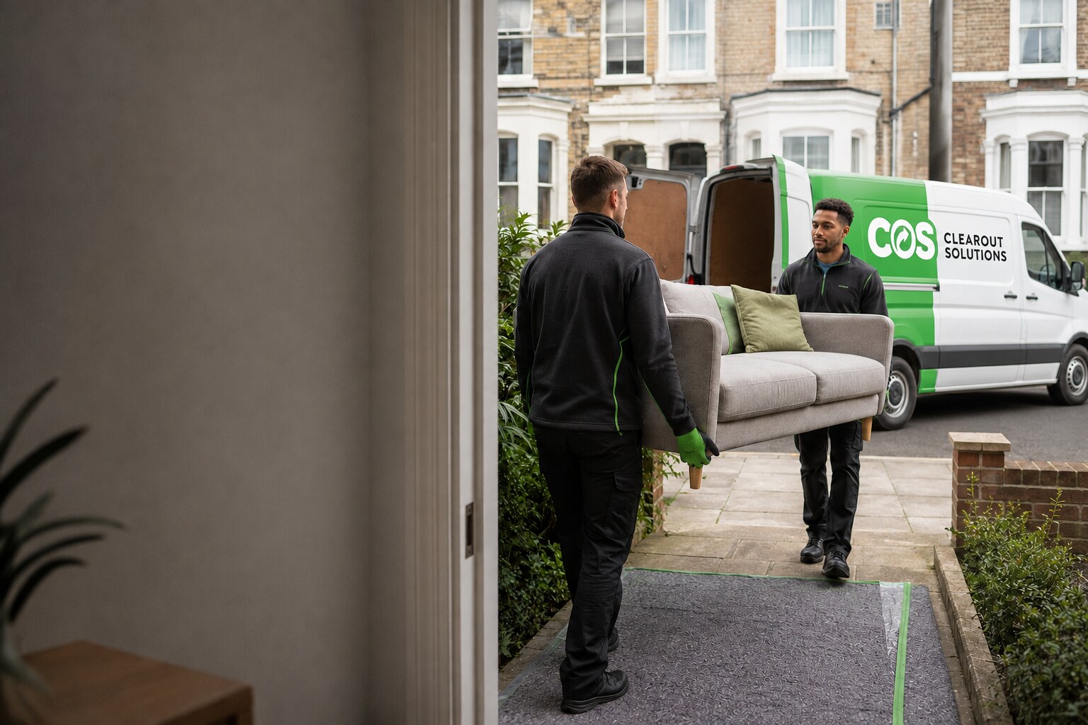 Clearance crew carrying a sofa carefully from a London home.