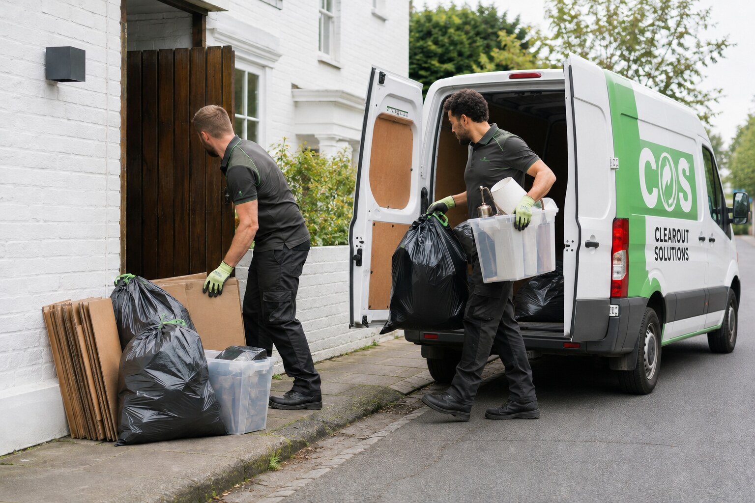 Household waste and flattened cardboard collected from a residential property.