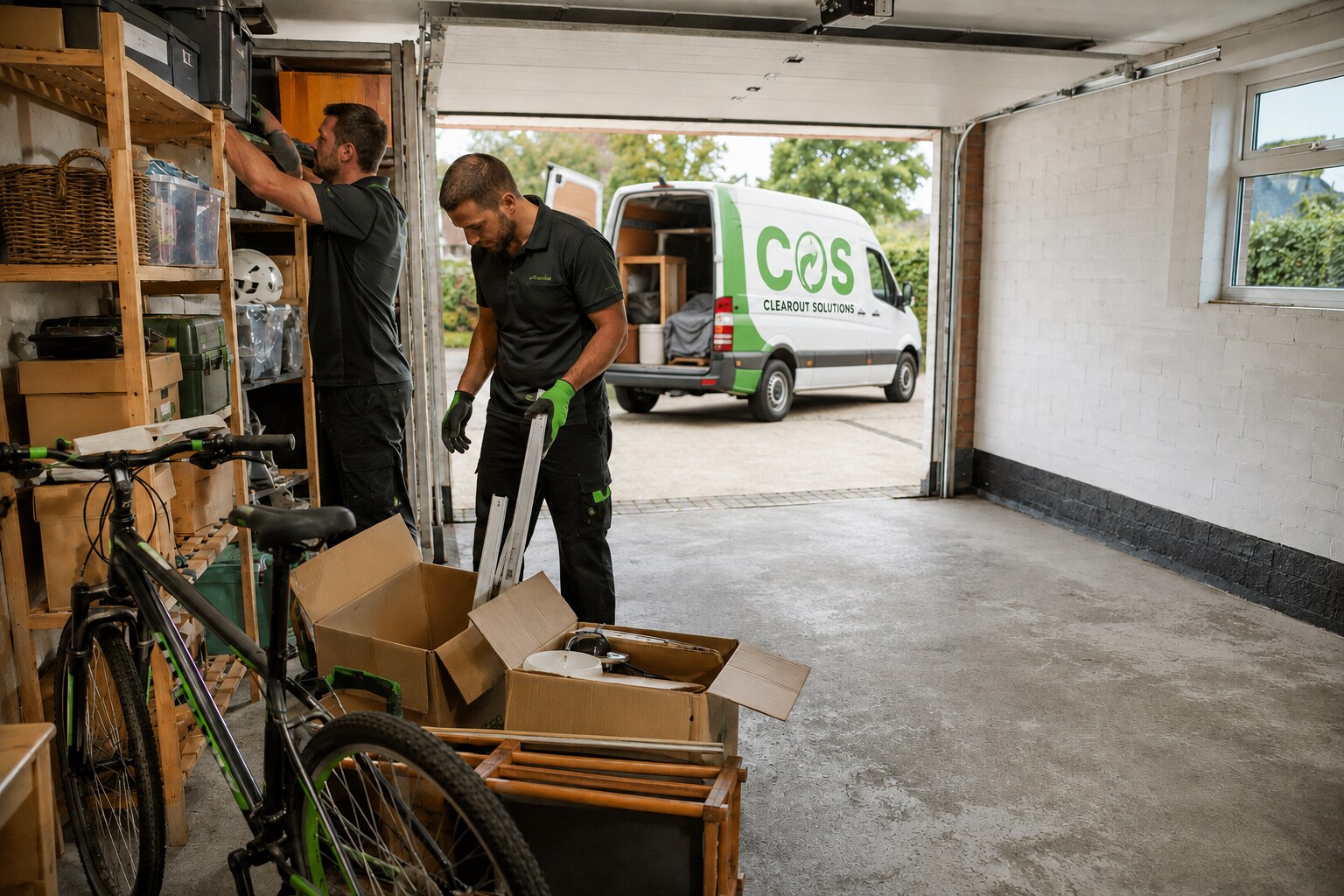 Workers clearing stored items while reclaiming usable garage space.